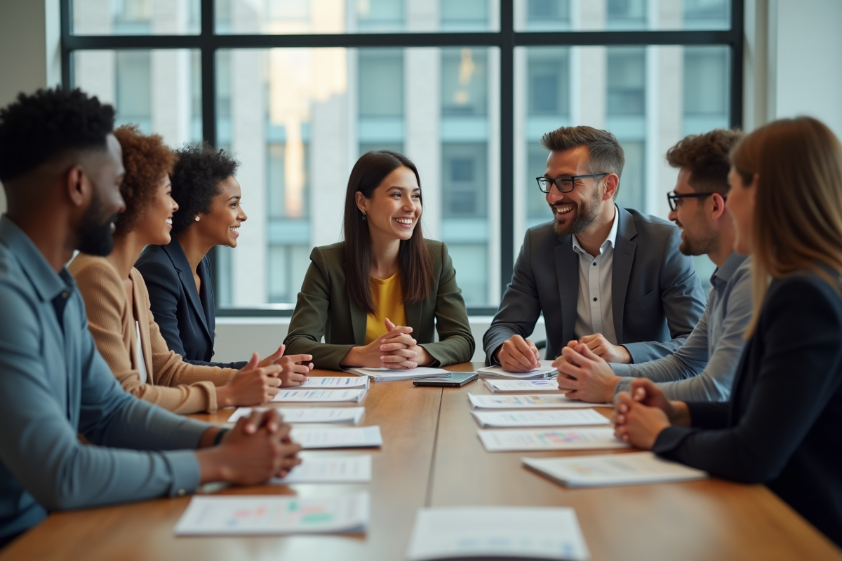 Groupe de collègues divers dans un bureau moderne