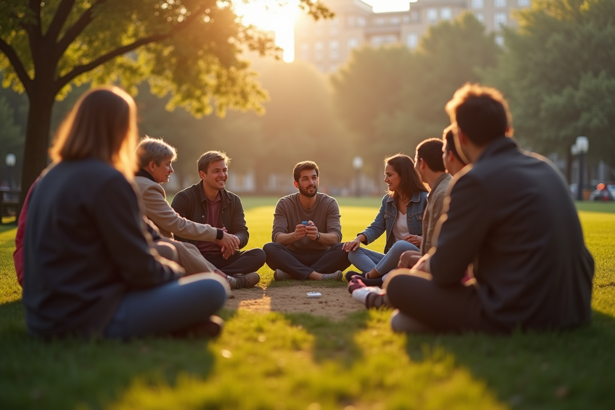 Groupe de personnes partageant des objets dans un parc ensoleille