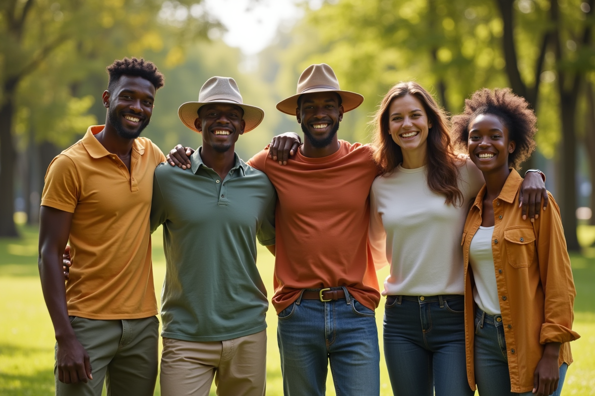 Groupe de personnes souriantes en vêtements écologiques dans un parc