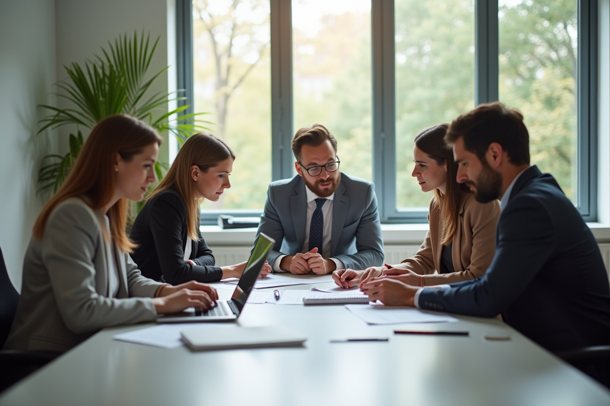 Groupe de professionnels collaborant dans un bureau lumineux