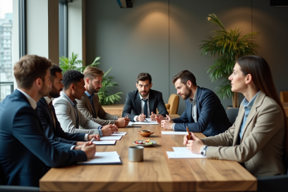 Groupe de professionnels autour d'une table recyclée en intérieur