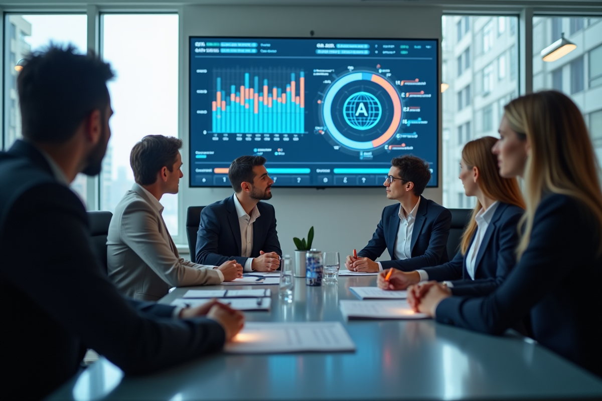 Groupe de professionnels lors d'un entretien d'embauche avec interface AI