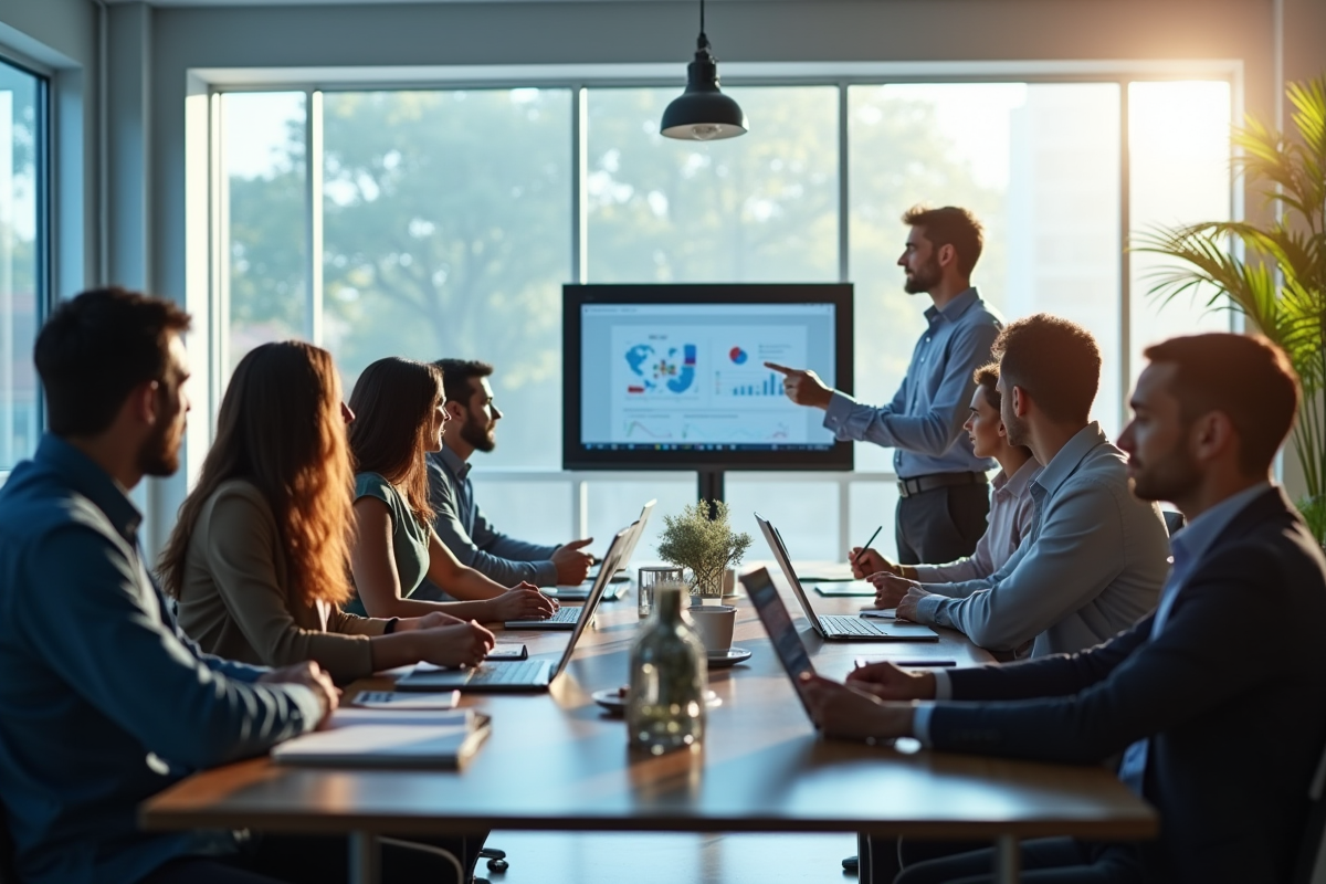 Groupe de professionnels lors d'une formation en bureau lumineux