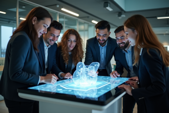 Groupe de jeunes professionnels autour d'une table holographique