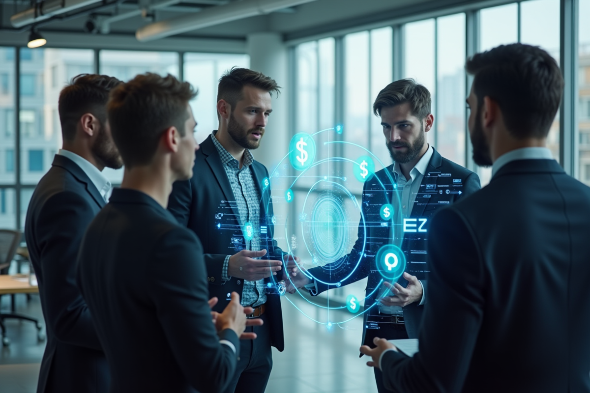 Groupe de professionnels discutant de cryptomonnaies dans un bureau moderne