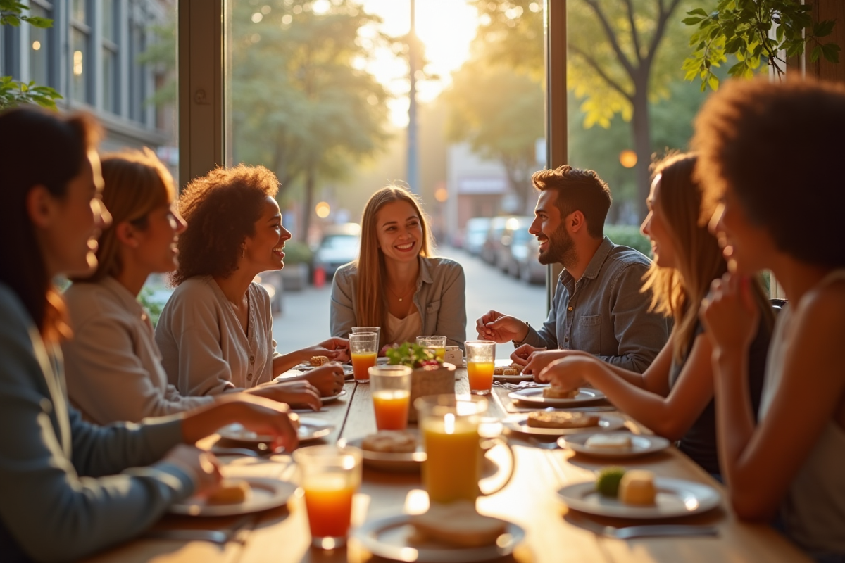 Groupe divers partageant un repas en ville ensoleillée