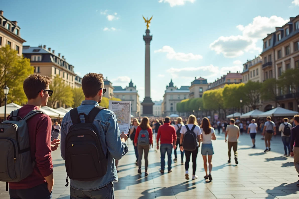 Groupe de touristes dans une place animée avec monuments et cafés
