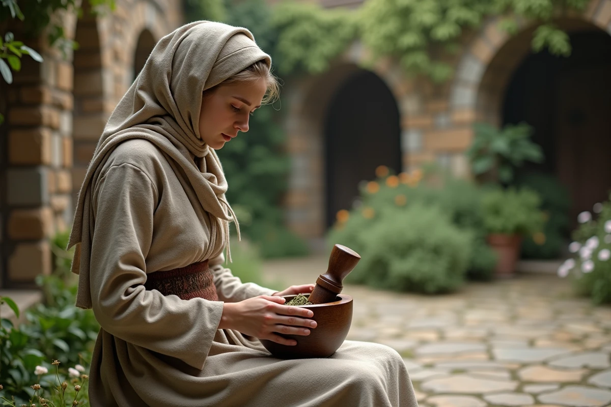 Jeune herbaliste préparant des herbes dans un jardin médiéval