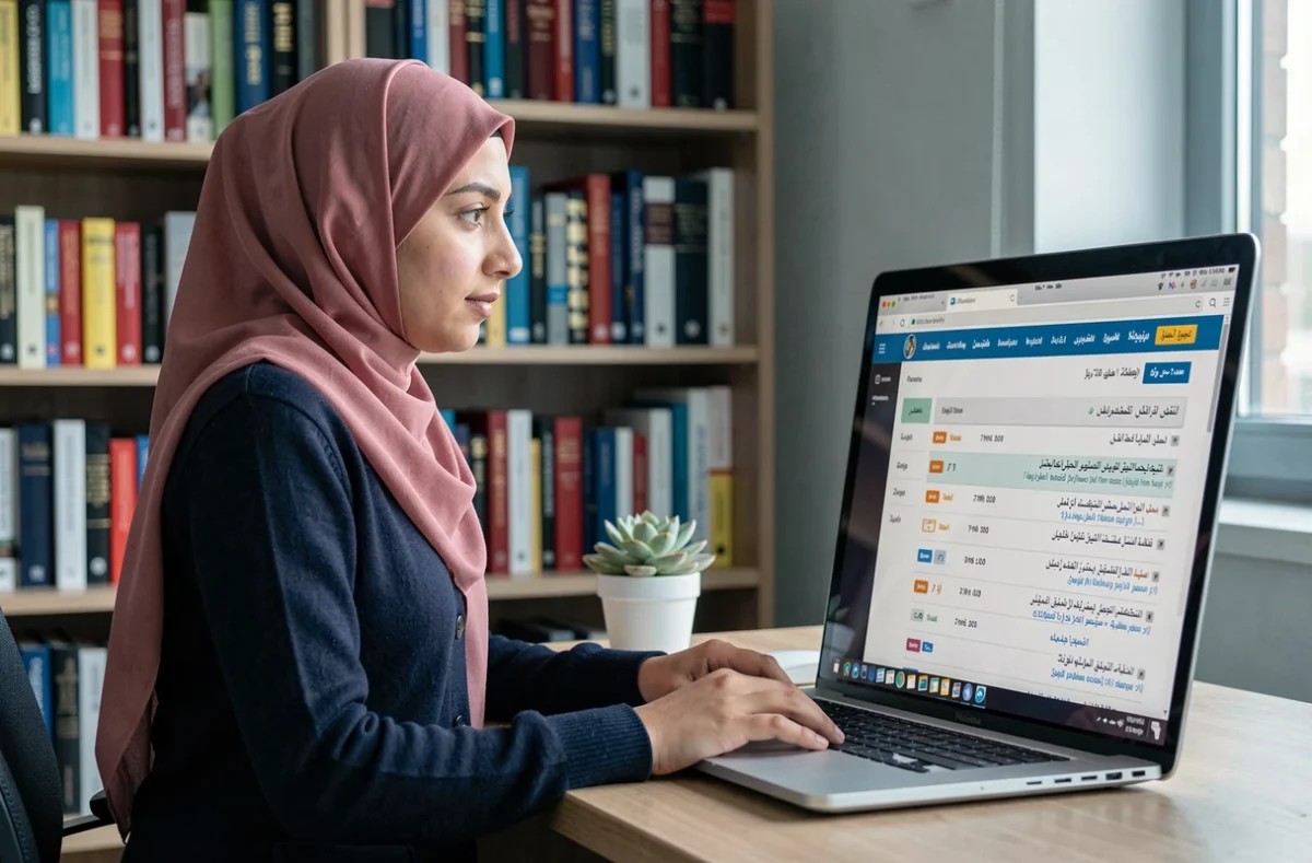 Femme musulmane recherchant les horaires de prière de Bezons 2026 sur un ordinateur portable à domicile