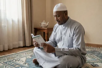 Homme musulman consultant un calendrier des heures de prière pour l'année 2026 dans un salon à Bezons