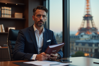 Homme d'affaires en costume dans un bureau parisien