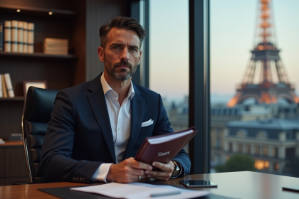 Homme d'affaires en costume dans un bureau parisien