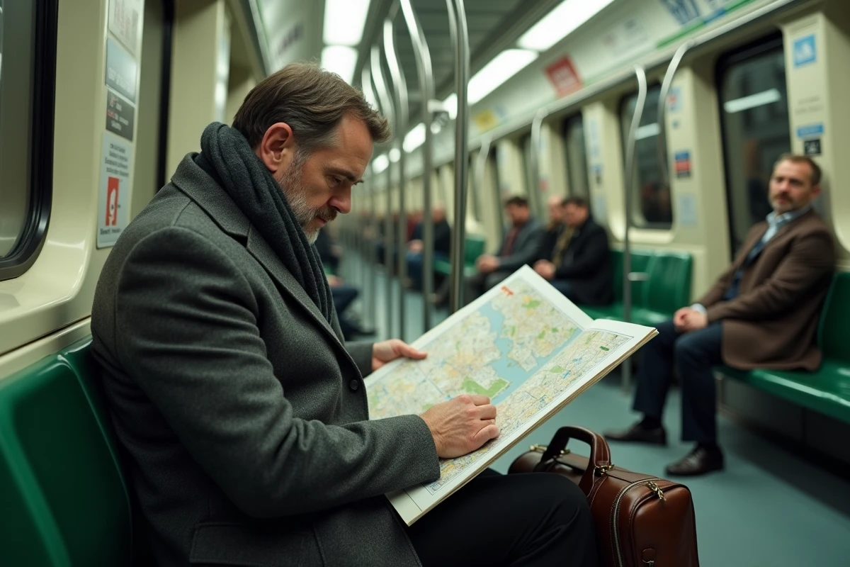Homme d'affaires consultant le plan de la ligne 9 du métro dans un wagon parisien