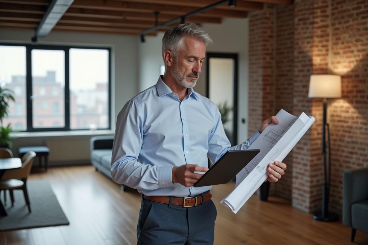 Homme d'âge moyen en tenue smartcasual avec tablette dans un appartement moderne