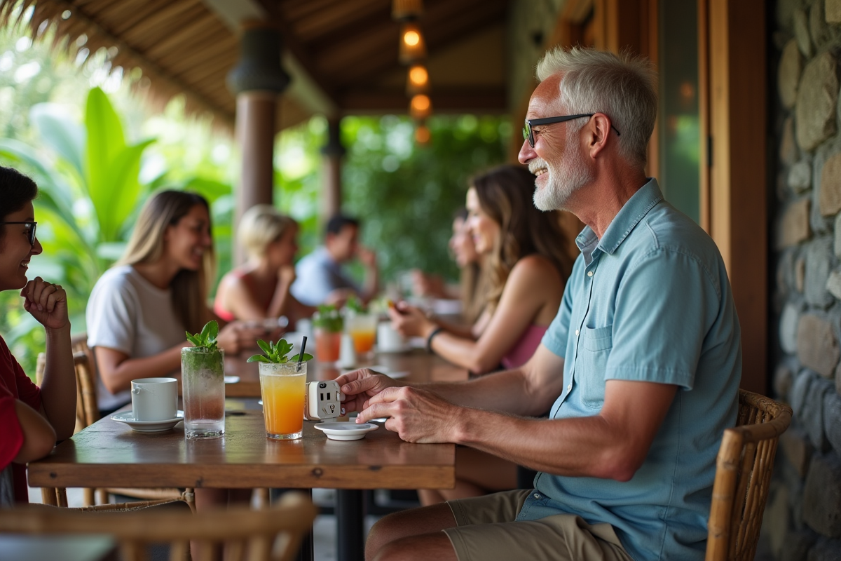 Homme montrant une prise électrique Balinaise en café
