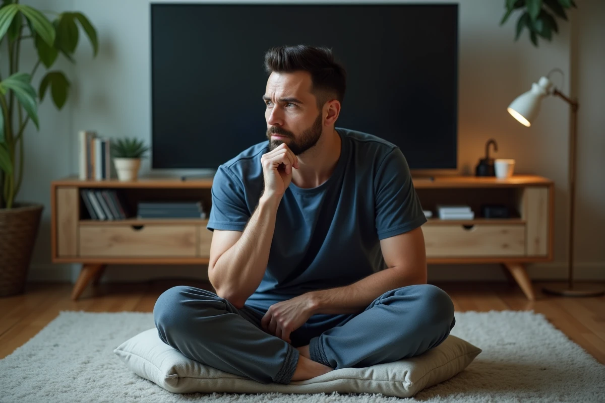 Homme assis par terre sur un coussin regardant la télé avec une expression de détente totale