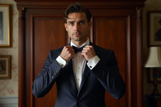 Homme élégant ajustant un nœud papillon en soie dans une chambre raffinée