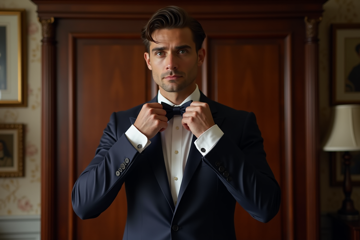 Homme élégant ajustant un nœud papillon en soie dans une chambre raffinée