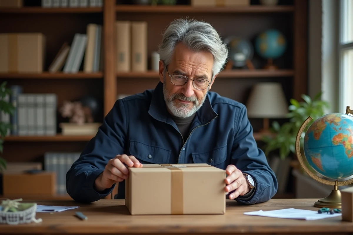 Homme emballant un colis dans un bureau à domicile