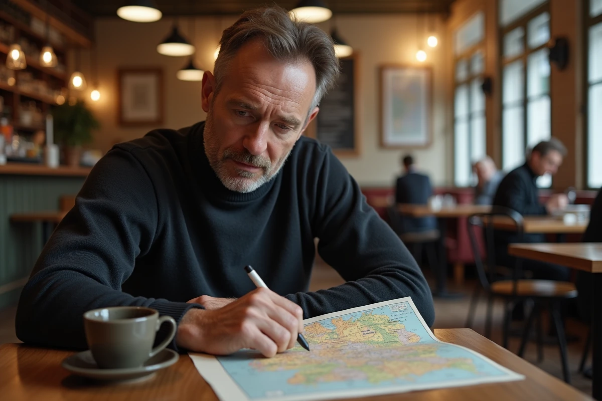 Homme étudiant une carte des régions allemandes dans un café européen chaleureux