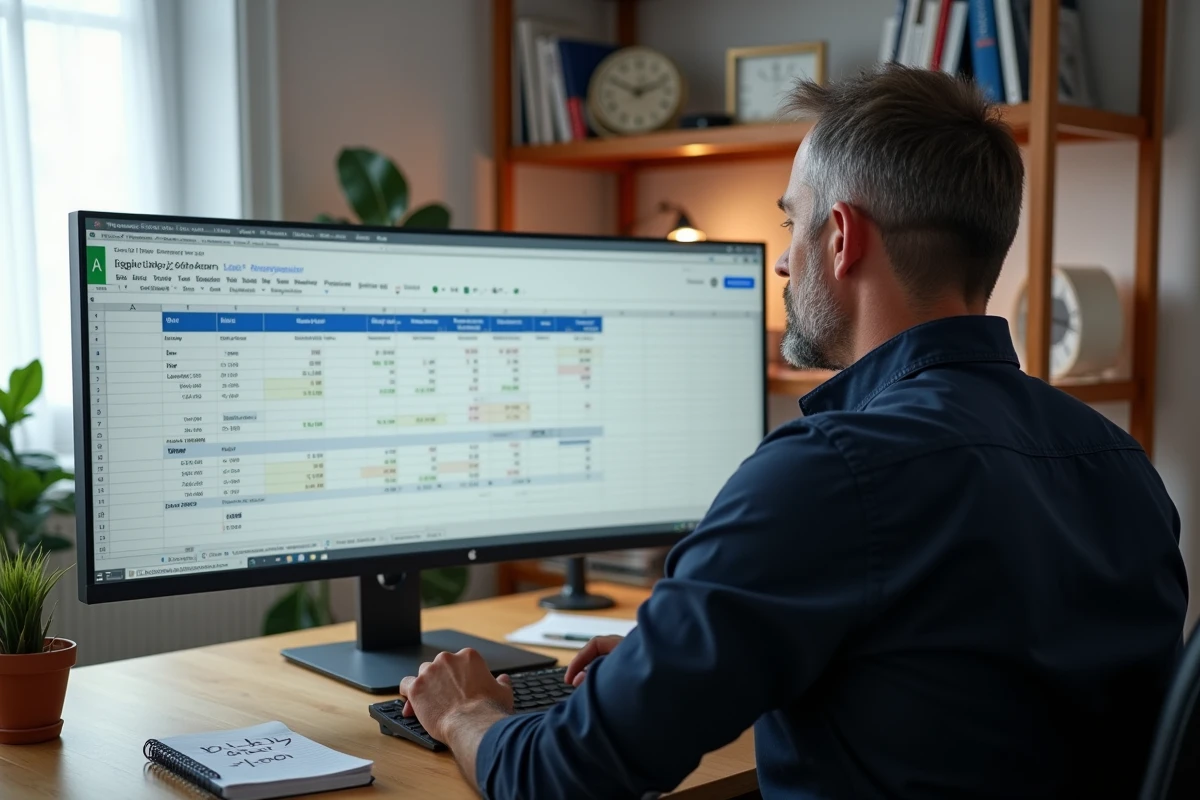 Homme en chemise marine consultant une formule de calcul de durée dans Google Sheets sur un grand écran de bureau à domicile
