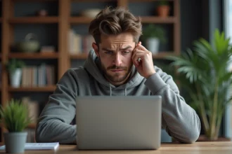 Homme frustré devant un écran d'ordinateur affichant une erreur de site web inaccessible