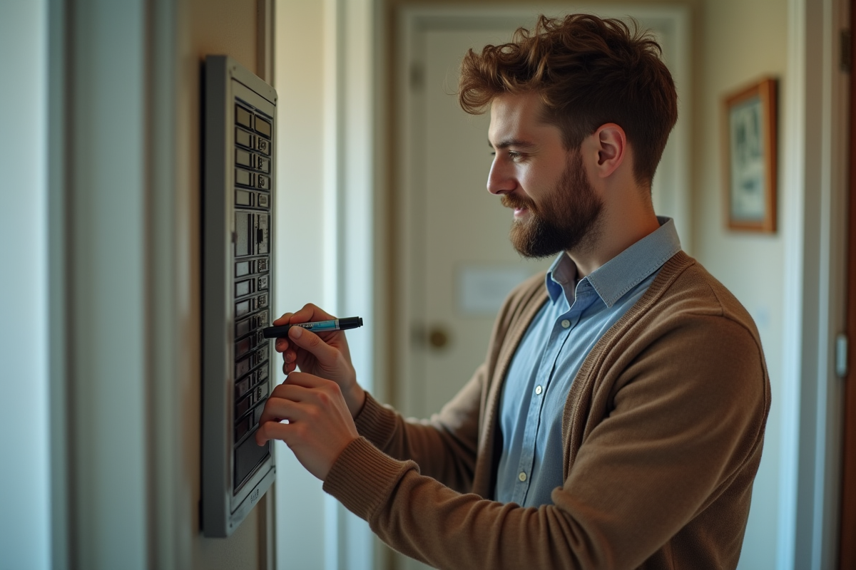Jeune homme étiquetant un tableau électrique dans un couloir