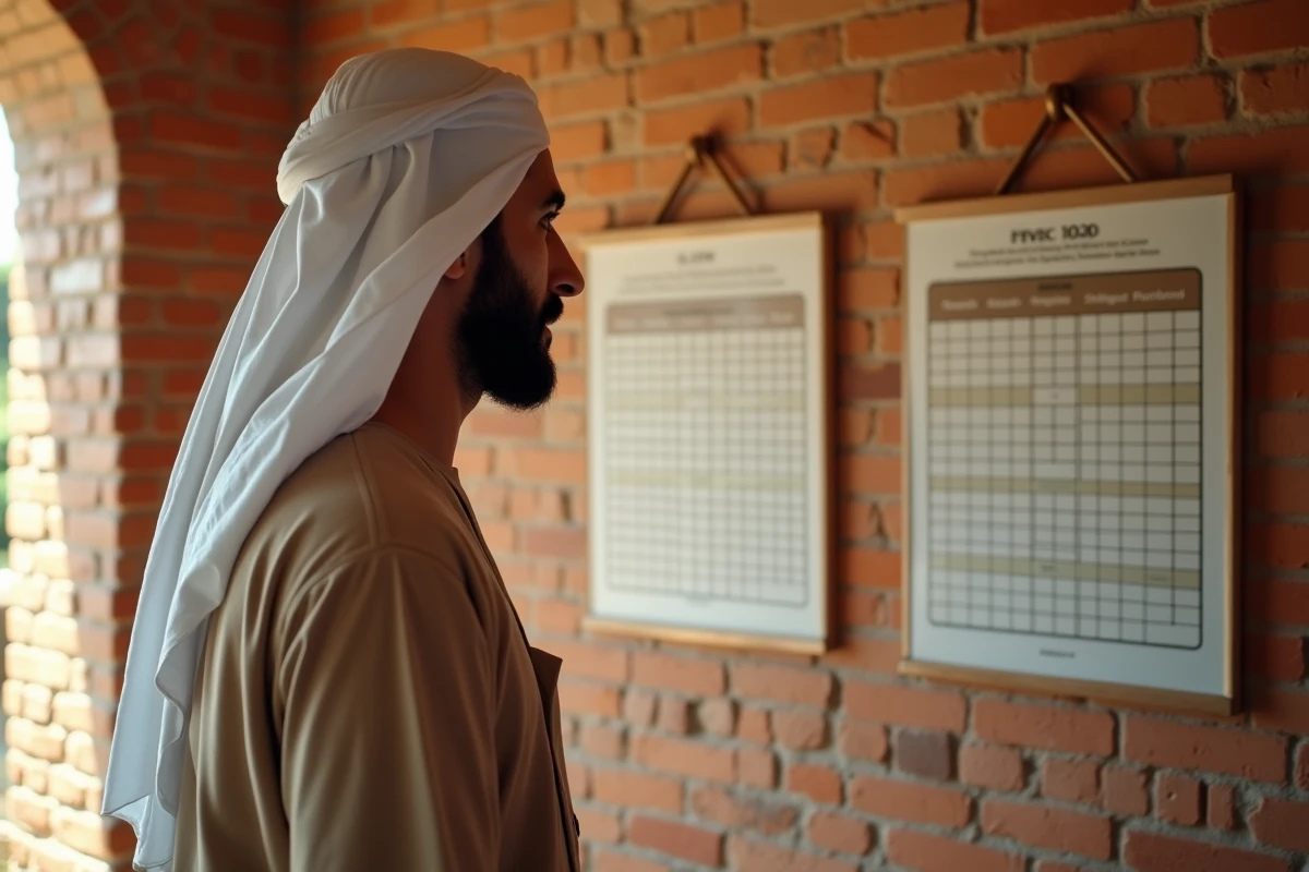 Homme lisant une affiche d'horaires de prière mensuelle affichée sur un mur de mosquée à Montpellier