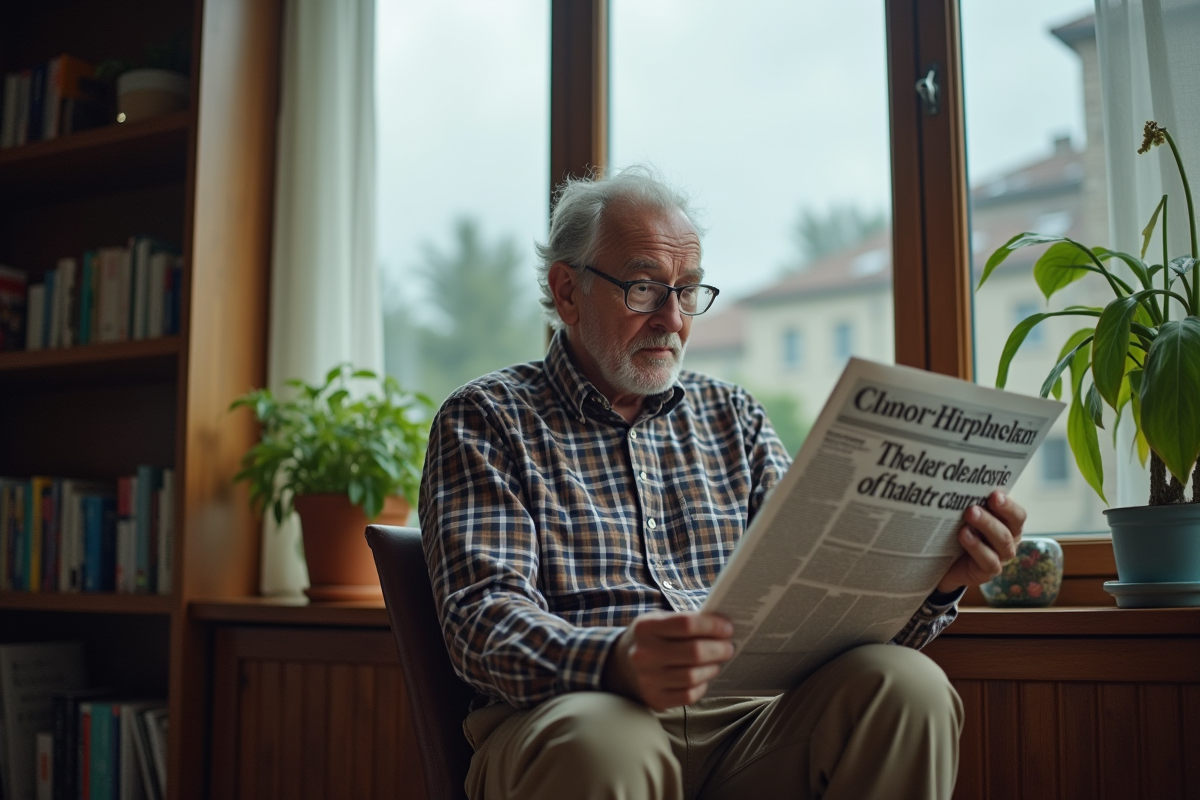Homme âgé lisant un article sur le changement climatique à la maison