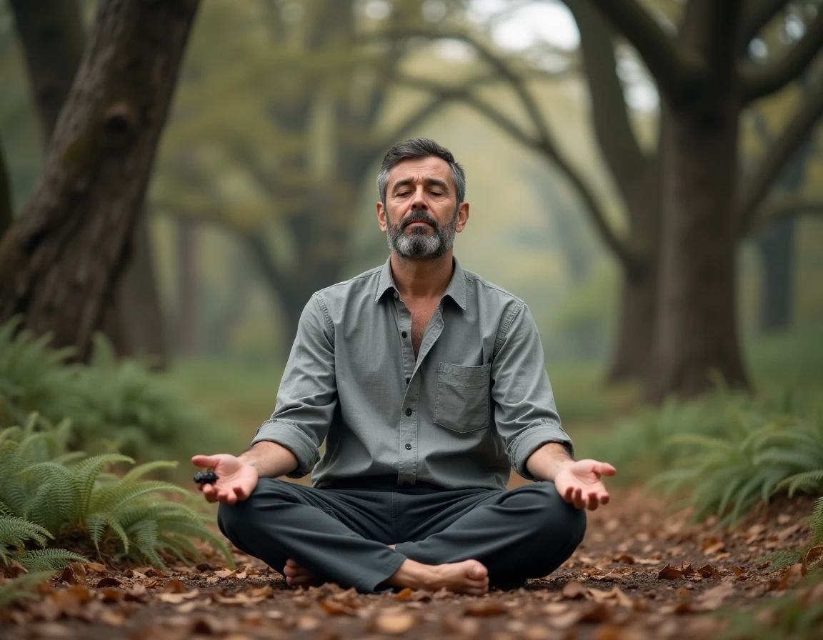 Homme en méditation dans une forêt avec un scarabée posé sur son genou, symbolisant un signe spirituel de guidance