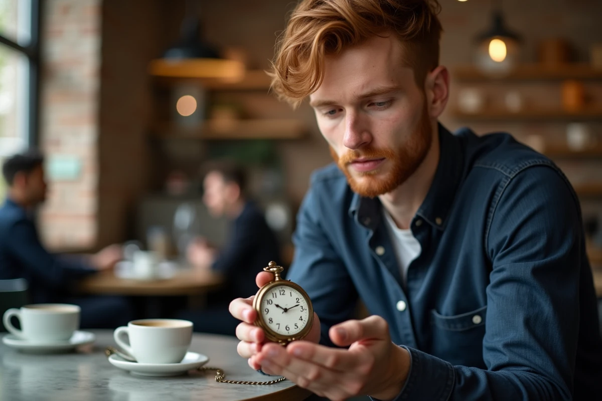 Homme tenant une montre de poche ouverte affichant 14h41 dans un café rustique, symbole de l'heure miroir et de ses significations