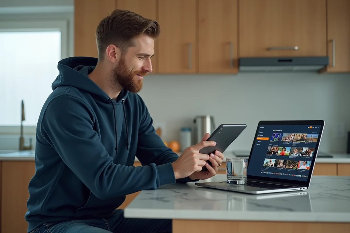 Homme consultant ses enregistrements Orange TV sur tablette et ordinateur portable dans une cuisine moderne, illustrant l'usage multi-écrans