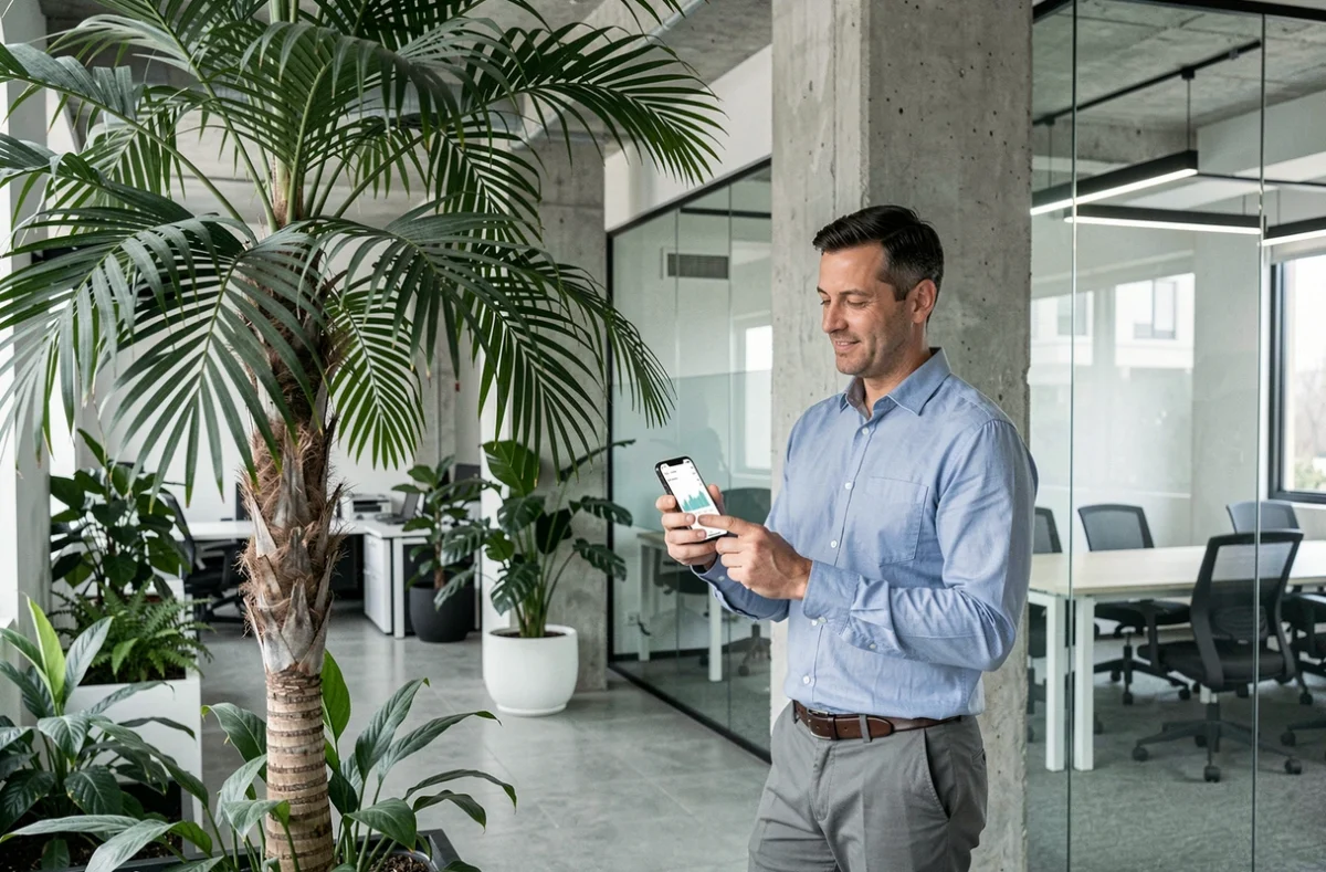 Homme debout près d'un palmier intérieur dans un bureau moderne, consultant une application financière sur son smartphone