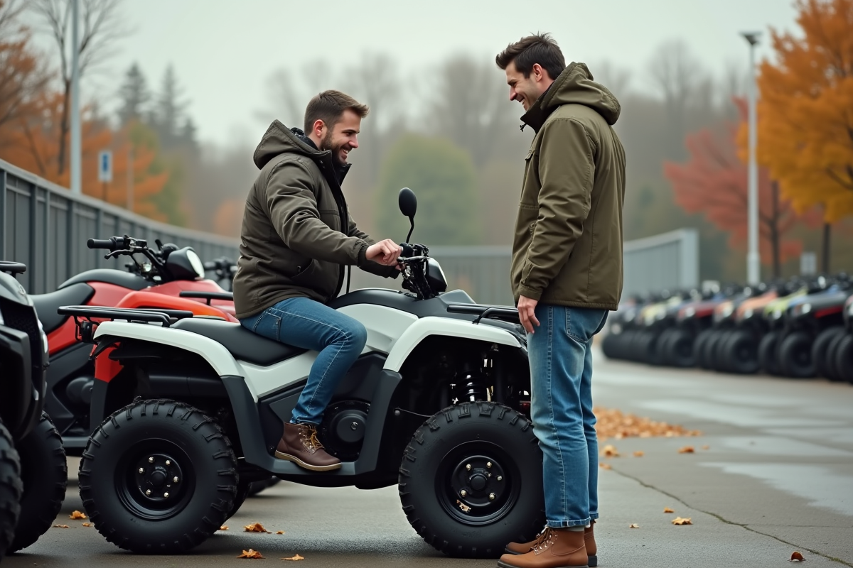 Homme curieux examinant un quad dans un concessionnaire
