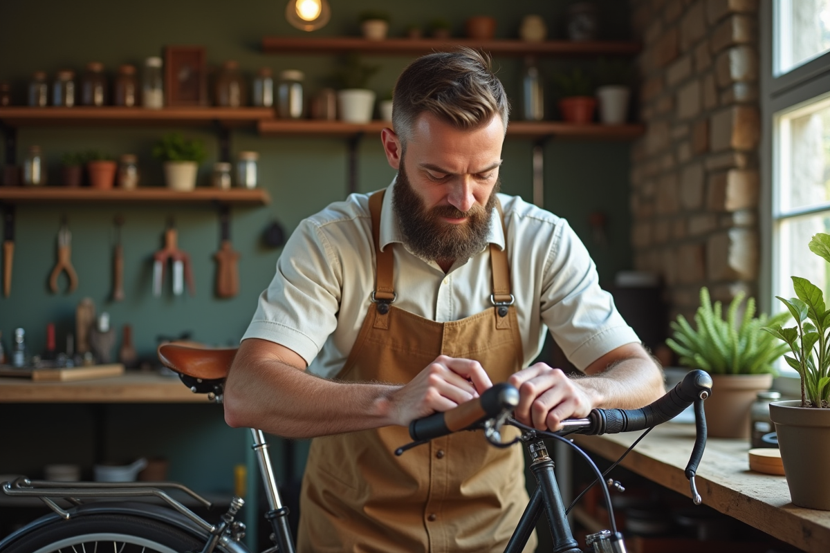 Homme réparant un vélo vintage dans un atelier lumineux