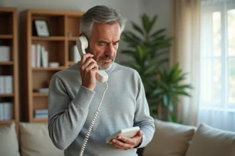 Homme d'âge mûr tenant un téléphone fixe blanc dans son salon et vérifiant le numéro du répondeur Free