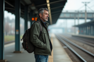 Homme d'âge moyen dans une gare avec sac à dos
