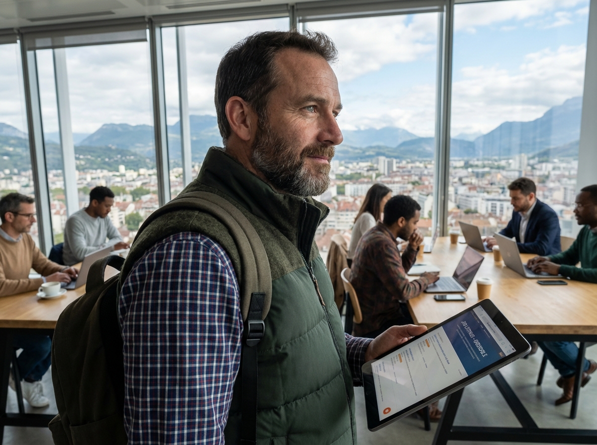 Homme avec veste dans espace de coworking moderne