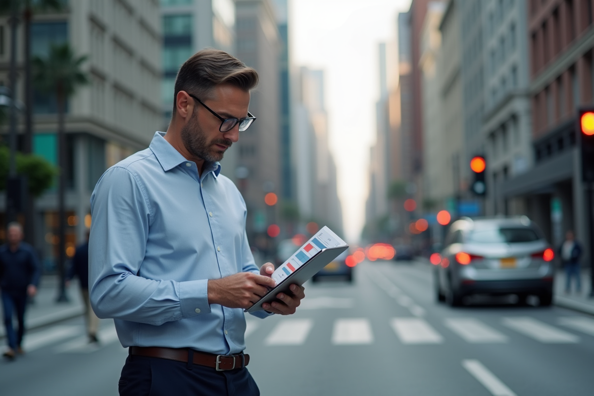Homme d affaires examine des graphiques en ville