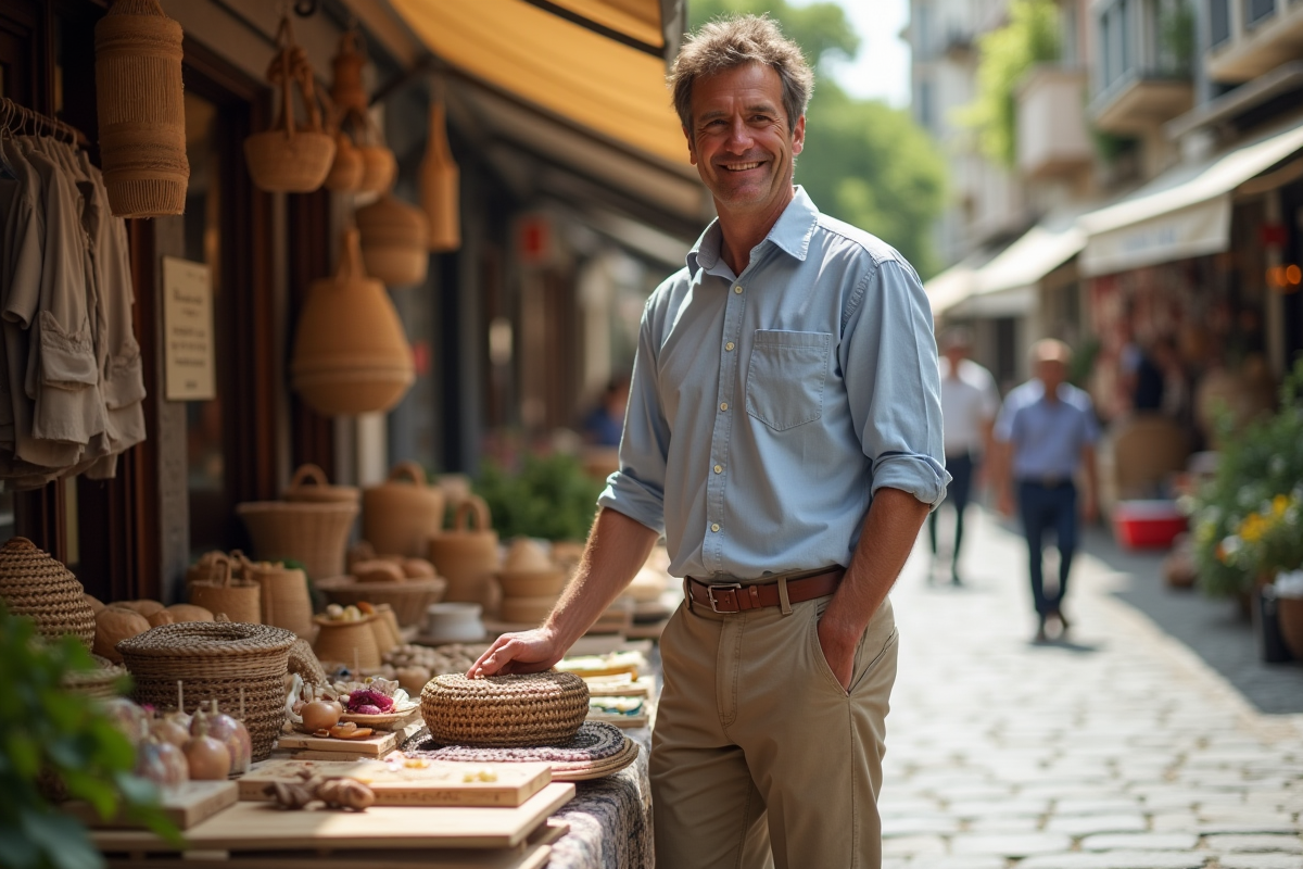 Homme organisant des objets artisanaux sur un stand de marché urbain