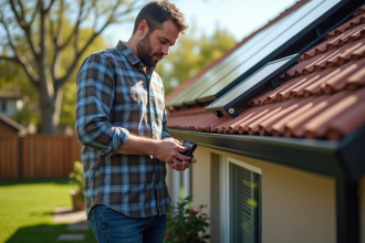Homme vérifiant des panneaux solaires sur un toit résidentiel