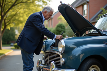 Homme d'âge moyen vérifiant l'huile d'une voiture ancienne