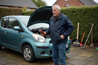 Homme en veste marine près d'une voiture en panne