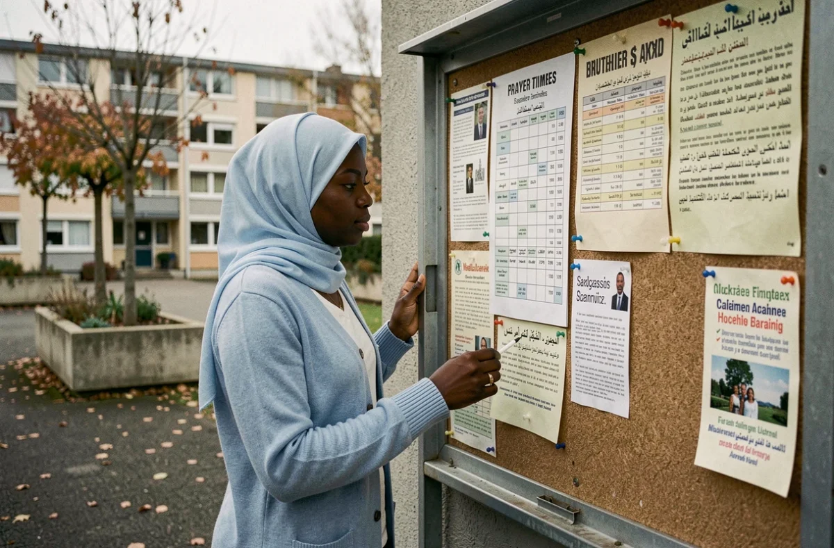 Femme consultant le tableau des horaires de prière affiché devant une mosquée à Sarcelles