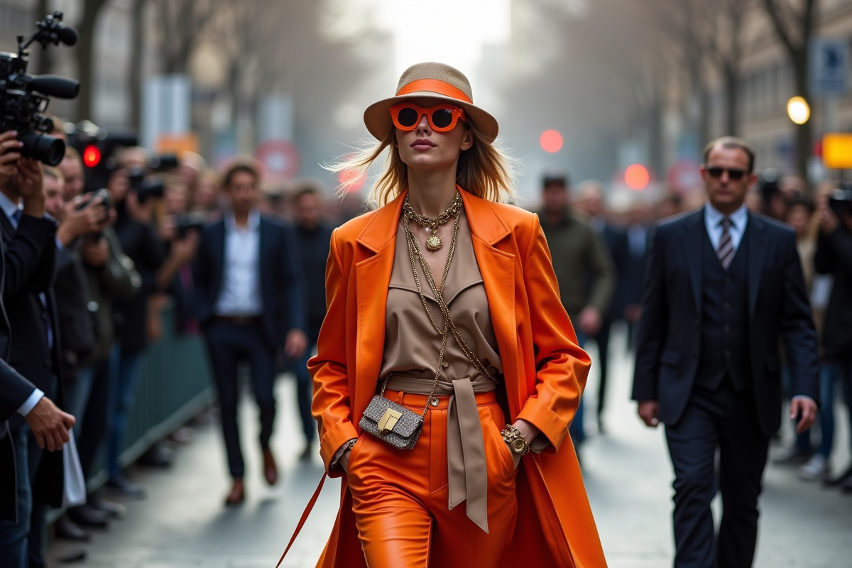 Influenceuse mode marchant dans la ville avec paparazzis