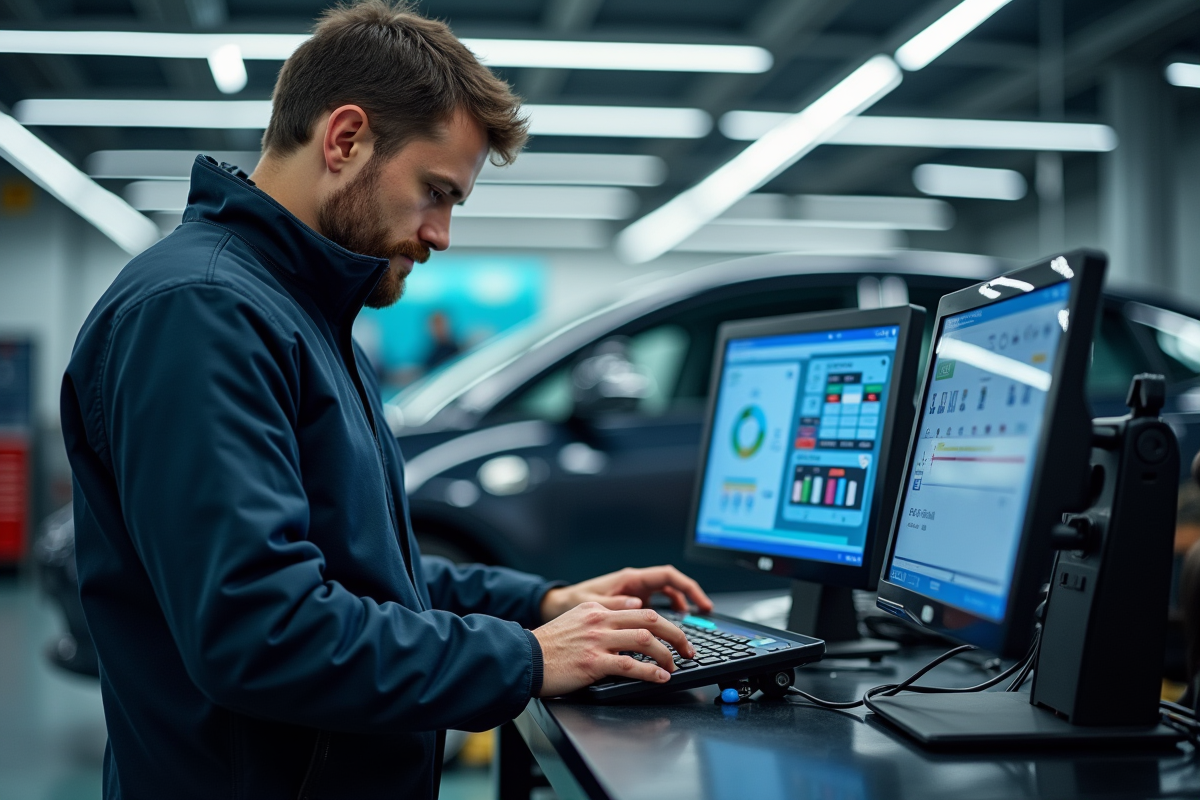 Ingénieur automobile utilisant un équipement de diagnostic avancé sur une voiture électrique moderne dans un garage high-tech