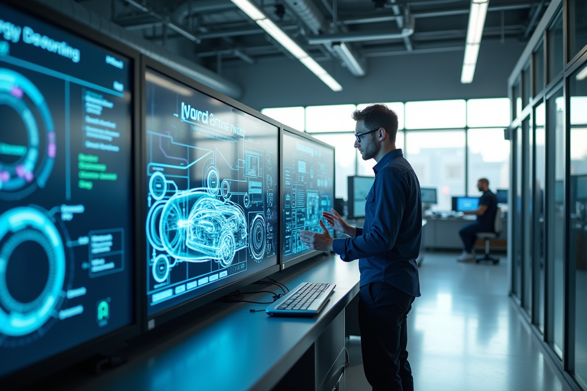 Ingénieur dans un laboratoire high-tech avec composants hybrides