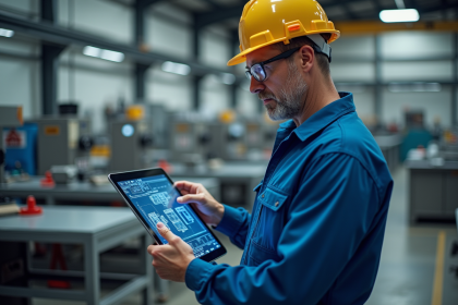 Ingénieur mécanique en atelier moderne avec tablette digitale