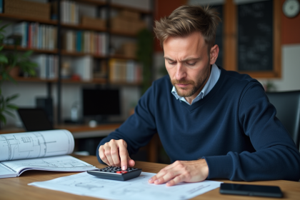 Ingénieur concentré utilisant calculatrice et carnet