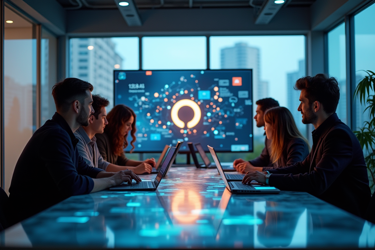 Groupe de techniciens collaborant autour d'une table avec logo OpenAI